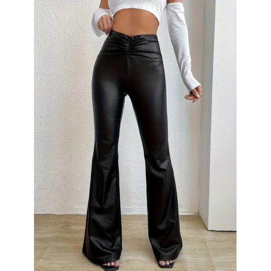 Kadın Yüksek Bel Beli Büzgülü Paçaya Doğru Geniş Deri Pantolon , 30533