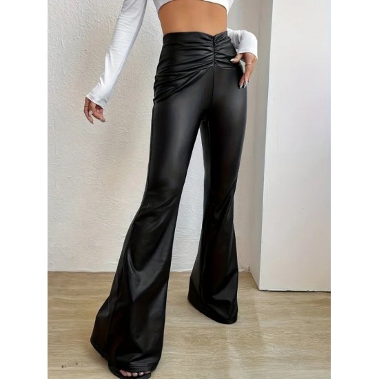 Kadın Yüksek Bel Beli Büzgülü Paçaya Doğru Geniş Deri Pantolon , 30533