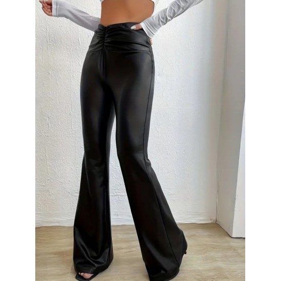 Kadın Yüksek Bel Beli Büzgülü Paçaya Doğru Geniş Deri Pantolon , 30533