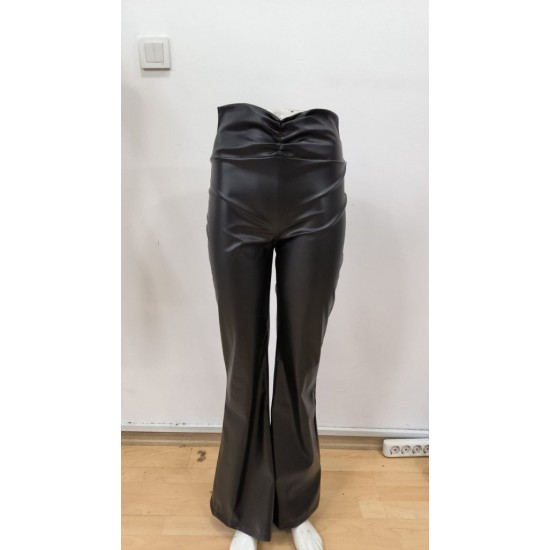 Kadın Yüksek Bel Beli Büzgülü Paçaya Doğru Geniş Deri Pantolon , 30533