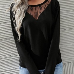 Kadın Uzun Kollu Geniş Yuvarlak Yaka Dantelli Viskon Iki Iplik Bluz, 30541