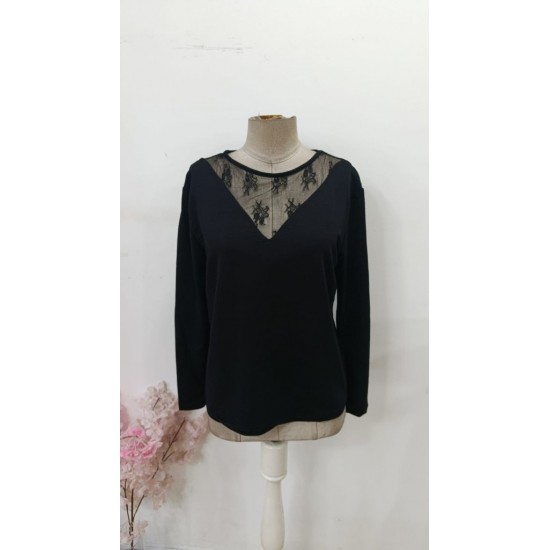 Kadın Uzun Kollu Geniş Yuvarlak Yaka Dantelli Viskon Iki Iplik Bluz, 30541