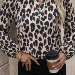 Kadın Uzun Kollu V Hakim Yakalı Leopar Desenli Süprem Bluz, 30540