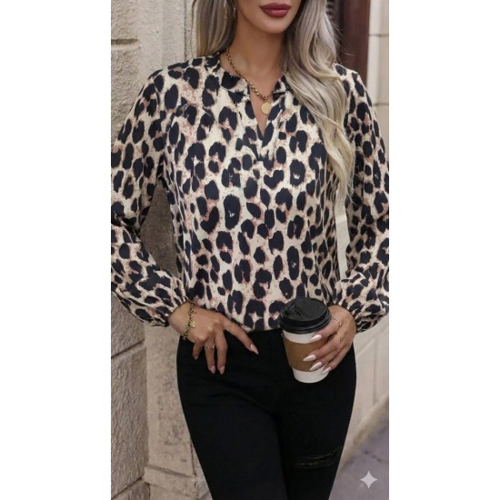Kadın Uzun Kollu V Hakim Yakalı Leopar Desenli Süprem Bluz, 30540