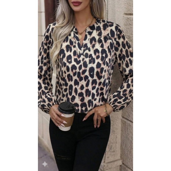 Kadın Uzun Kollu V Hakim Yakalı Leopar Desenli Süprem Bluz, 30540