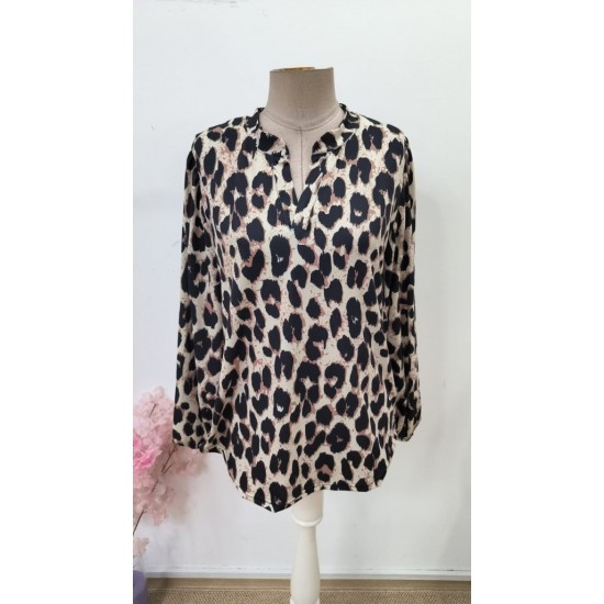 Kadın Uzun Kollu V Hakim Yakalı Leopar Desenli Süprem Bluz, 30540