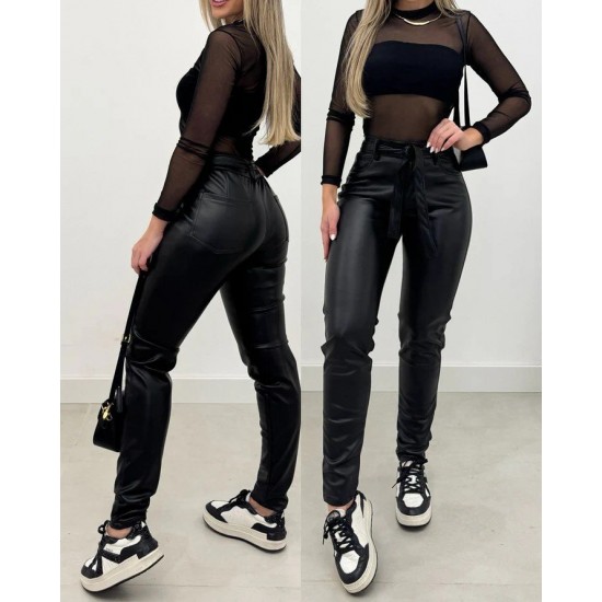 Kadın Yüksek Bel Kuşaklı Deri Pantolon , 30549