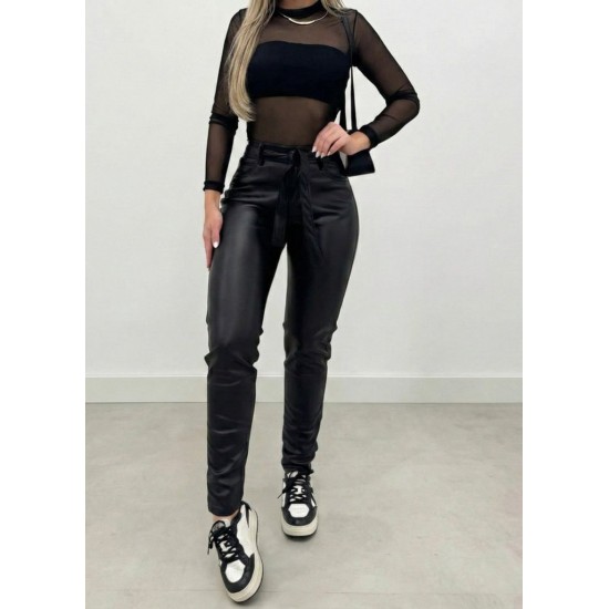 Kadın Yüksek Bel Kuşaklı Deri Pantolon , 30549