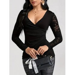 Kadın Uzun Kollu Dantelli Kruvaze Yakalı Yandan Büzgülü Viskon Bluz, 30548