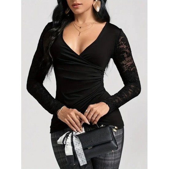 Kadın Uzun Kollu Dantelli Kruvaze Yakalı Yandan Büzgülü Viskon Bluz, 30548