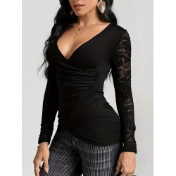 Kadın Uzun Kollu Dantelli Kruvaze Yakalı Yandan Büzgülü Viskon Bluz, 30548