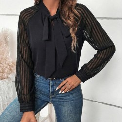 Kadın Uzun Kollu Reglan Kol Detaylı Tüllü Yakadan Bağlamalı Sandy Bluz, 30556