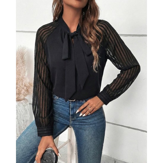 Kadın Uzun Kollu Reglan Kol Detaylı Tüllü Yakadan Bağlamalı Sandy Bluz, 30556