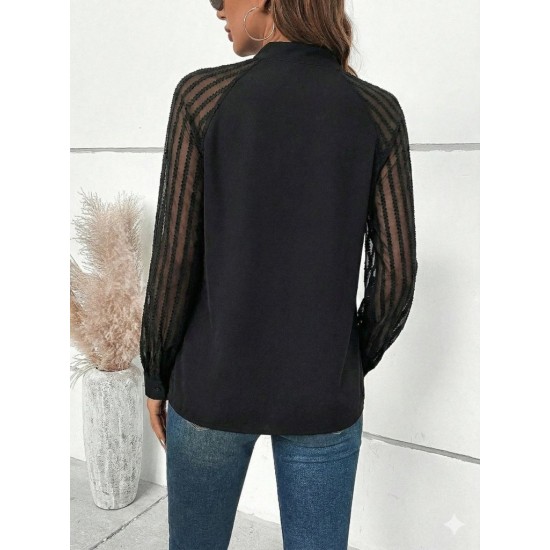 Kadın Uzun Kollu Reglan Kol Detaylı Tüllü Yakadan Bağlamalı Sandy Bluz, 30556