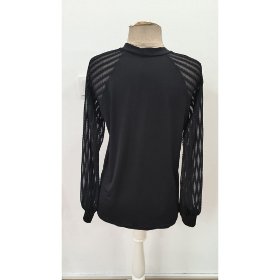 Kadın Uzun Kollu Reglan Kol Detaylı Tüllü Yakadan Bağlamalı Sandy Bluz, 30556