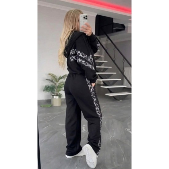 Kadın Uzun Kollu Kapşonlu önü Fermuarlı Leopar Desenli Modal Bluz Ve Pantolon Ikili Takım , 30553