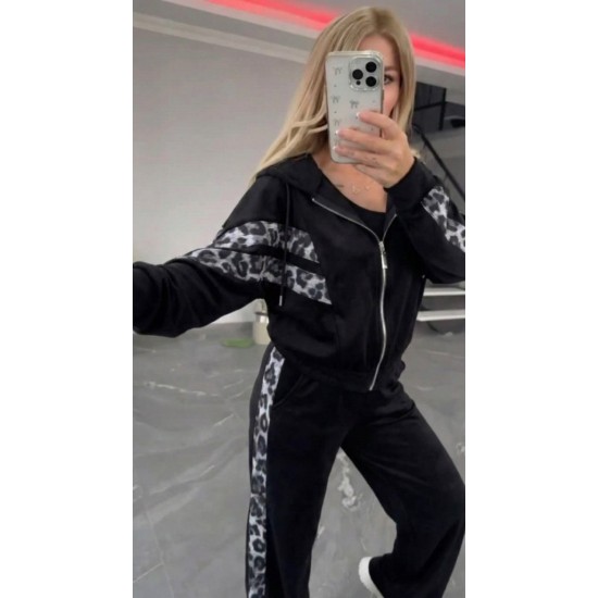 Kadın Uzun Kollu Kapşonlu önü Fermuarlı Leopar Desenli Modal Bluz Ve Pantolon Ikili Takım , 30553