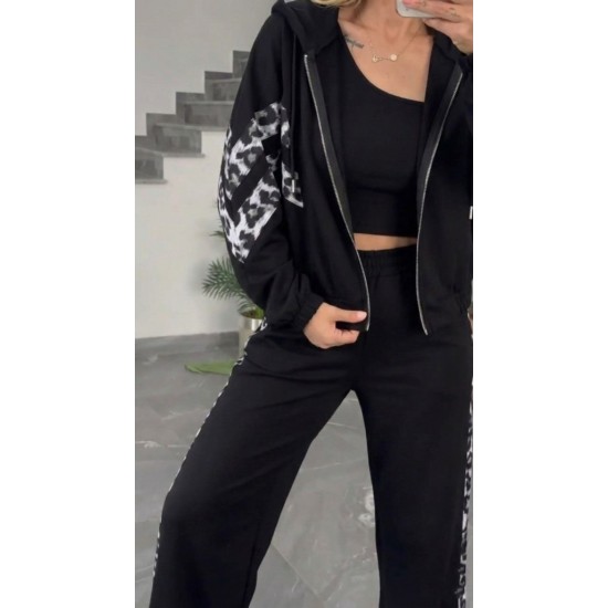 Kadın Uzun Kollu Kapşonlu önü Fermuarlı Leopar Desenli Modal Bluz Ve Pantolon Ikili Takım , 30553