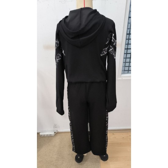 Kadın Uzun Kollu Kapşonlu önü Fermuarlı Leopar Desenli Modal Bluz Ve Pantolon Ikili Takım , 30553