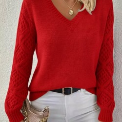 Kadın Uzun Kollu V Yaka Kol Delikli Baklava Desen Detaylı Triko Kazak , 29801