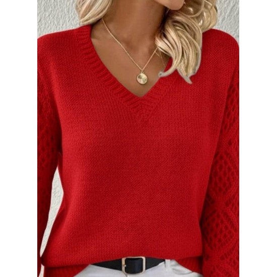 Kadın Uzun Kollu V Yaka Kol Delikli Baklava Desen Detaylı Triko Kazak , 29801