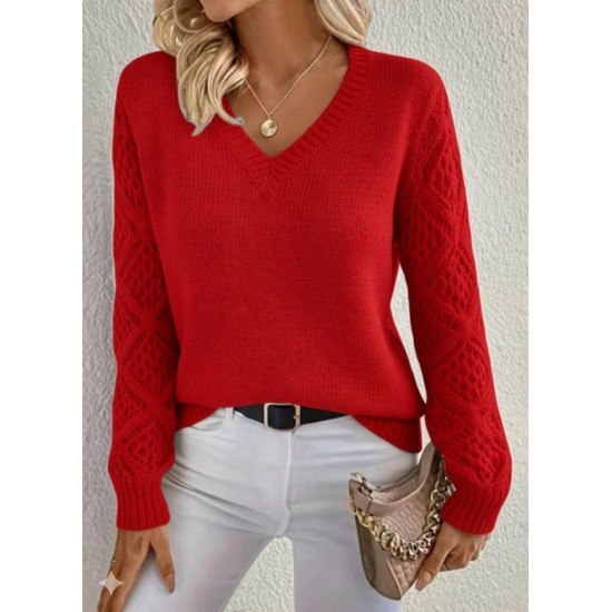 Kadın Uzun Kollu V Yaka Kol Delikli Baklava Desen Detaylı Triko Kazak , 29801