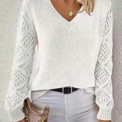 Kadın Uzun Kollu V Yaka Kol Delikli Baklava Desen Detaylı Triko Kazak , 29795