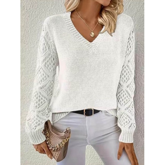 Kadın Uzun Kollu V Yaka Kol Delikli Baklava Desen Detaylı Triko Kazak , 29795