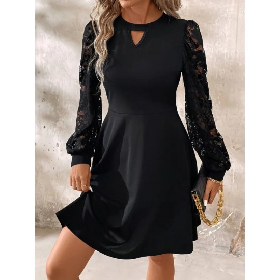 Kadın Uzun Kollu Yuvarlak Damla Detaylı Kolları Tül Detaylı Kısa Ithal Krep Elbise , 30559