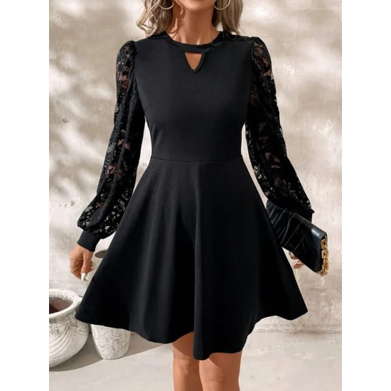 Kadın Uzun Kollu Yuvarlak Damla Detaylı Kolları Tül Detaylı Kısa Ithal Krep Elbise , 30559