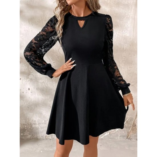 Kadın Uzun Kollu Yuvarlak Damla Detaylı Kolları Tül Detaylı Kısa Ithal Krep Elbise , 30559