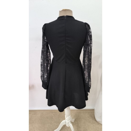 Kadın Uzun Kollu Yuvarlak Damla Detaylı Kolları Tül Detaylı Kısa Ithal Krep Elbise , 30559