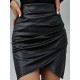 Kadın Yüksek Bel Yandan Fermuarlı Pileli Mini Deri Etek, 30563
