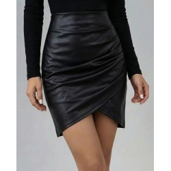 Kadın Yüksek Bel Yandan Fermuarlı Pileli Mini Deri Etek, 30563