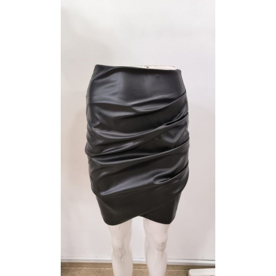 Kadın Yüksek Bel Yandan Fermuarlı Pileli Mini Deri Etek, 30563