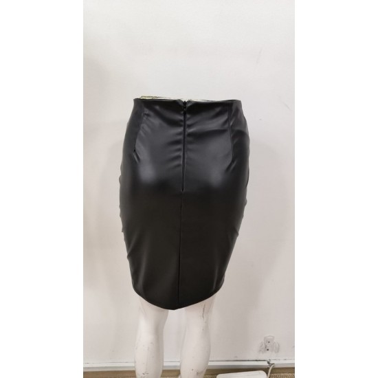 Kadın Yüksek Bel Yandan Fermuarlı Pileli Mini Deri Etek, 30563