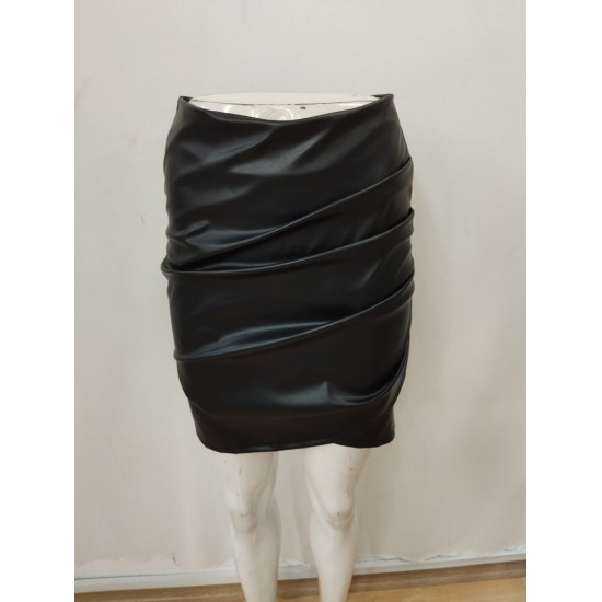 Kadın Yüksek Bel Yandan Fermuarlı Pileli Mini Deri Etek, 30563