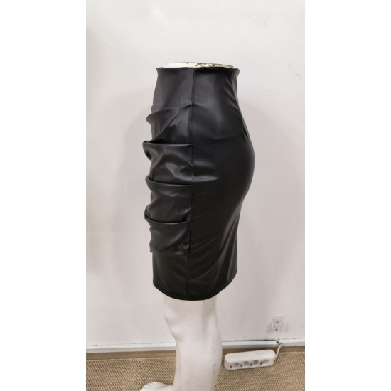 Kadın Yüksek Bel Yandan Fermuarlı Pileli Mini Deri Etek, 30563