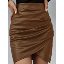 Kadın Yüksek Bel Yandan Fermuarlı Pileli Mini Deri Etek, 30562