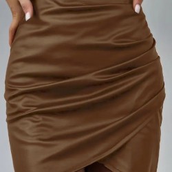 Kadın Yüksek Bel Yandan Fermuarlı Pileli Mini Deri Etek, 30562