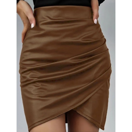 Kadın Yüksek Bel Yandan Fermuarlı Pileli Mini Deri Etek, 30562