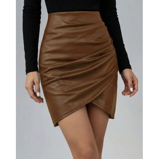 Kadın Yüksek Bel Yandan Fermuarlı Pileli Mini Deri Etek, 30562