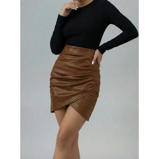 Kadın Yüksek Bel Yandan Fermuarlı Pileli Mini Deri Etek, 30562