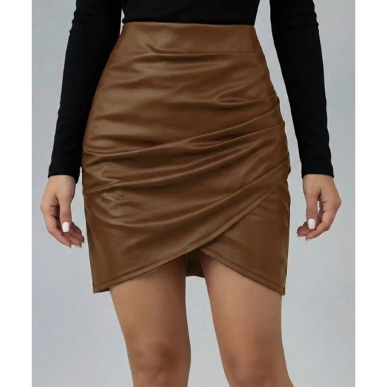 Kadın Yüksek Bel Yandan Fermuarlı Pileli Mini Deri Etek, 30562