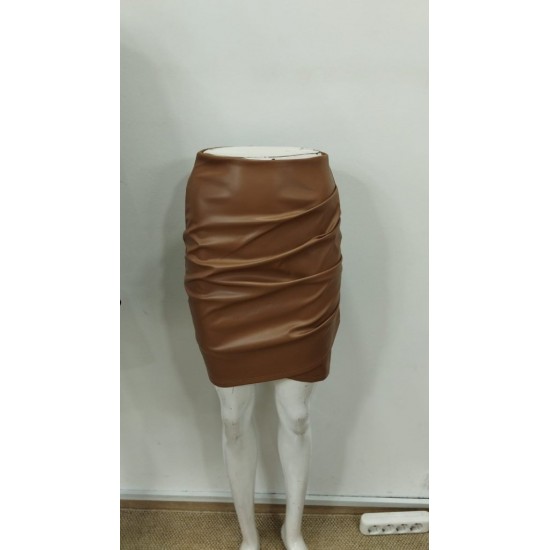 Kadın Yüksek Bel Yandan Fermuarlı Pileli Mini Deri Etek, 30562