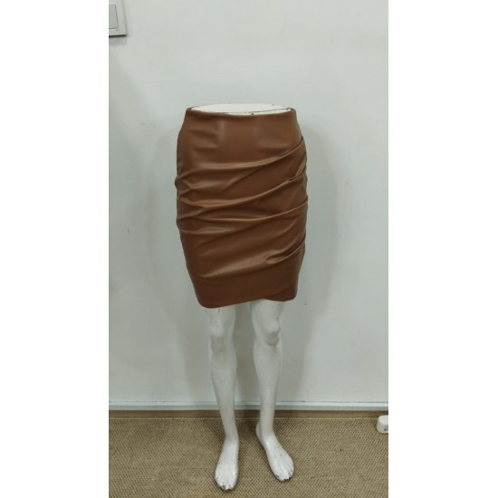 Kadın Yüksek Bel Yandan Fermuarlı Pileli Mini Deri Etek, 30562