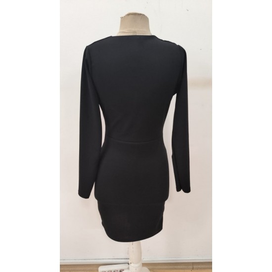 Kadın Uzun Kollu Kruvaze Yakalı Mini Ithal Krep Elbise , 30568