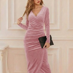 Kadın Uzun Kollu Kruvaze Yaka Belden Büzgü Detay Midi Kadife Elbise, 30564