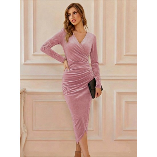 Kadın Uzun Kollu Kruvaze Yaka Belden Büzgü Detay Midi Kadife Elbise, 30564