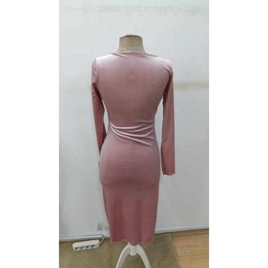 Kadın Uzun Kollu Kruvaze Yaka Belden Büzgü Detay Midi Kadife Elbise, 30564